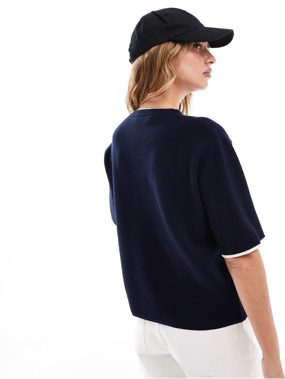 Mango Navy Short Sleeve Sweater Top Contrast Trim Size M NWT - Picture 10 of 16